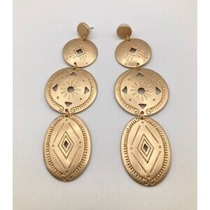 Western Tribal Pattern Gold Tone Drop/Dangle Earrings w/ Matte Finish ~3in